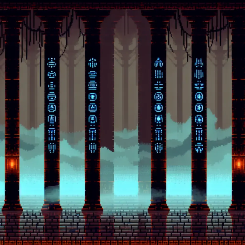 Mroczna świątynia w stylistyce pixel-art, mgła i świecące runy